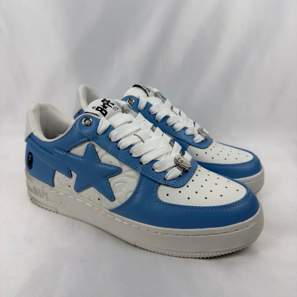 A Bathing Ape Bape Sta Low White Blue Leather Sneakers Size 8.5 26.5cm